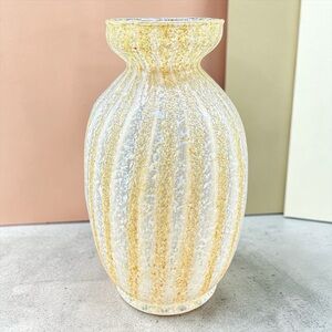 Antique Dugan Frit Art Glass Iridescent Melon Vase White Gold Stripes Handmade